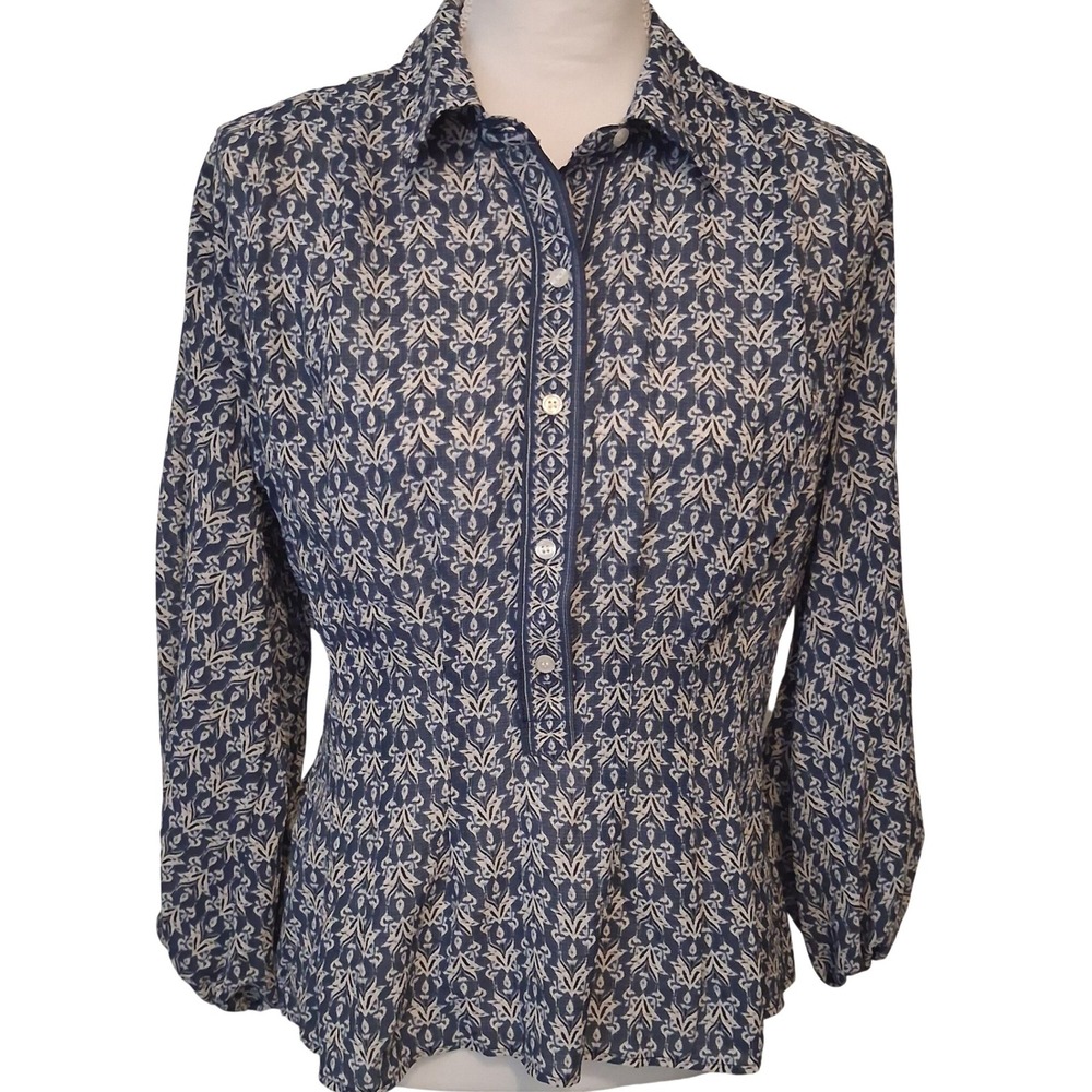 NEW Max Studio London Damask Floral Button Blouse S Blue Beige Puff Sleeve Boho